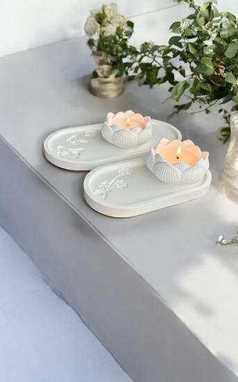 Çiçek ve Kelebek Desenli Tabak Lotus Mum Set